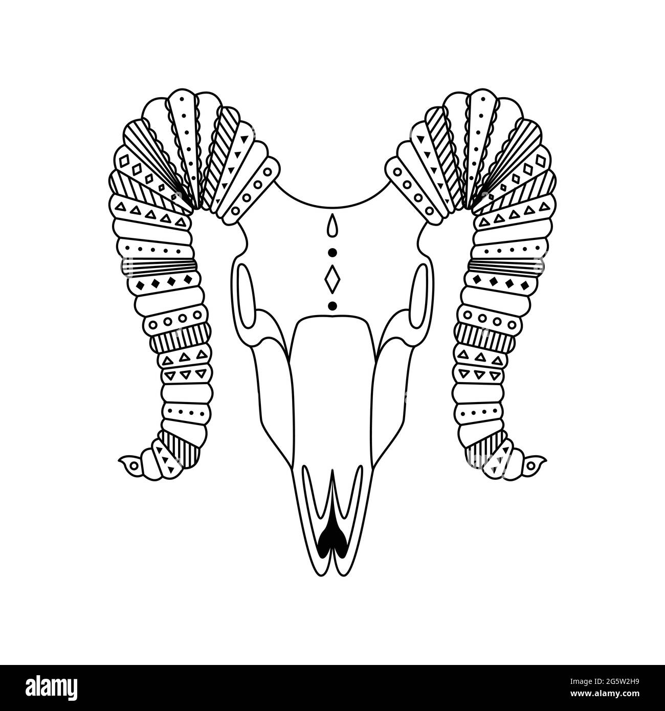 Tierschädel im Boho-Stil mit geometrischen Ornamenten. Tribal Outline Illustration. Stock Vektor