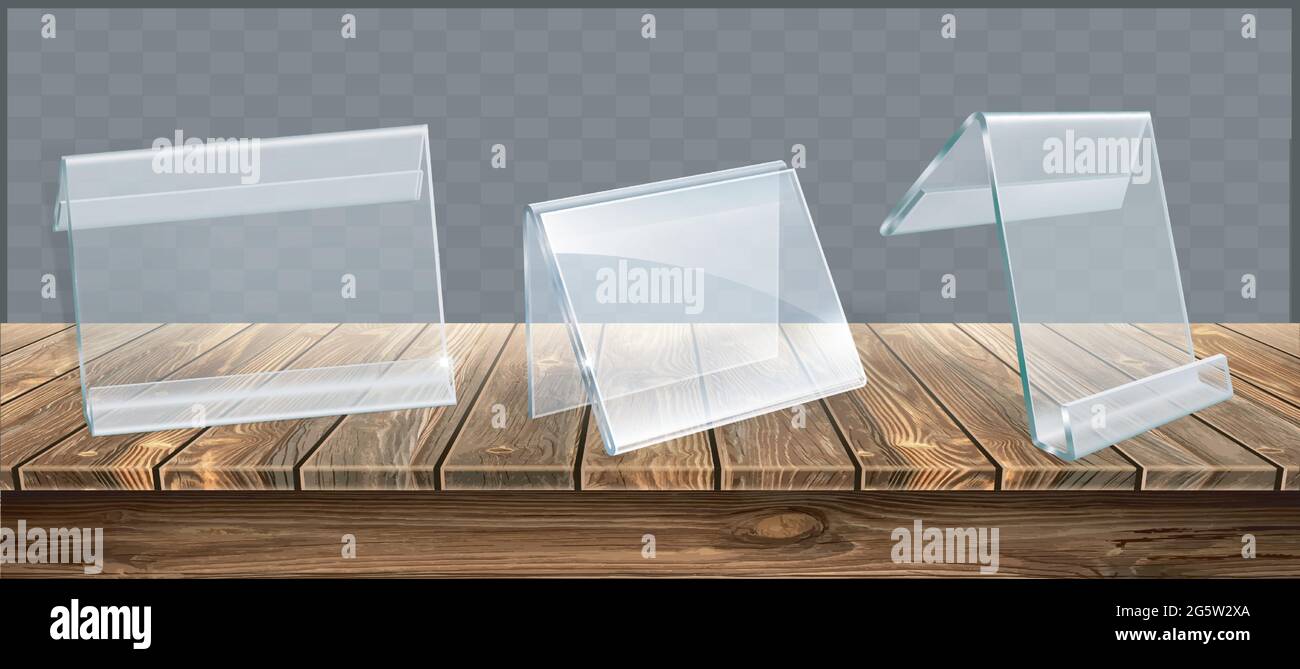 Acrylhalter auf Holztisch mit unbeschriftter Karte. Stock Vektor
