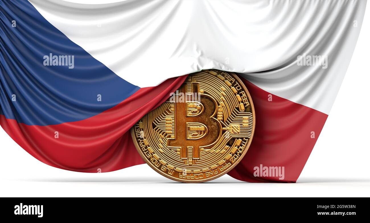 Tschechische Flagge drapierte über eine Bitcoin-Kryptowährung-Münze. 3D-Rendering Stockfoto