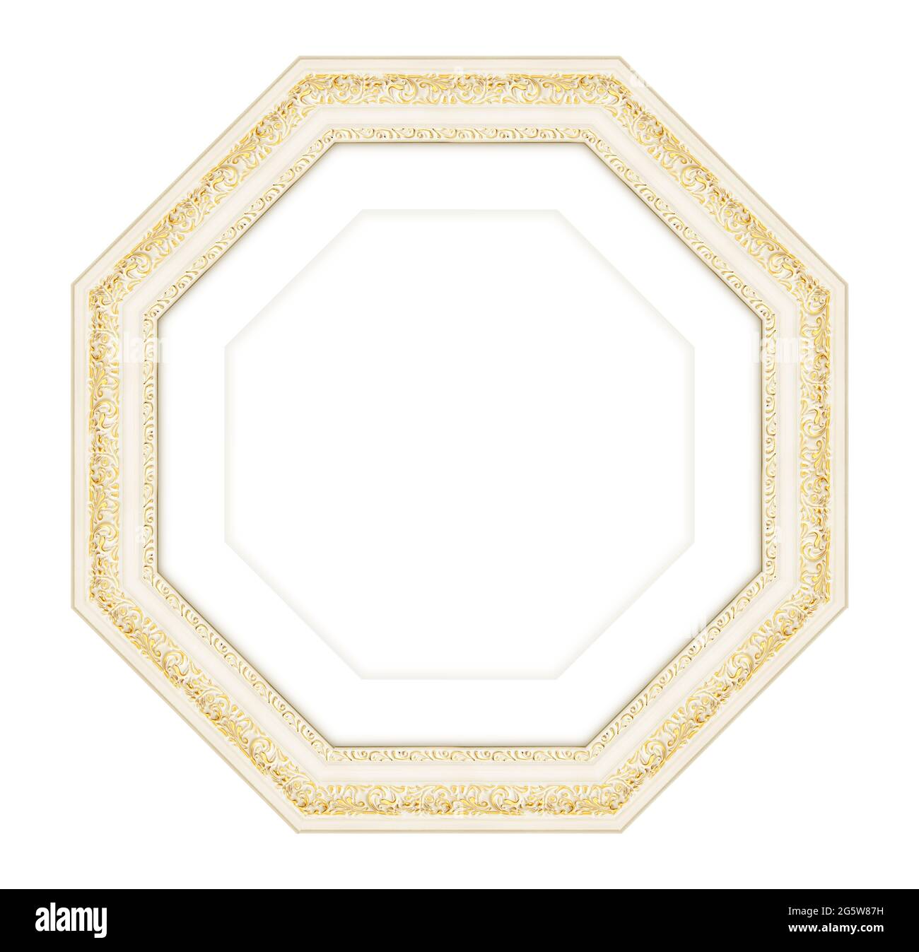 Polygonaler weißer Holzrahmen für Bild oder Foto, Rahmen für einen Spiegel isoliert auf weißem Hintergrund. Mit Beschneidungspfad Stockfoto