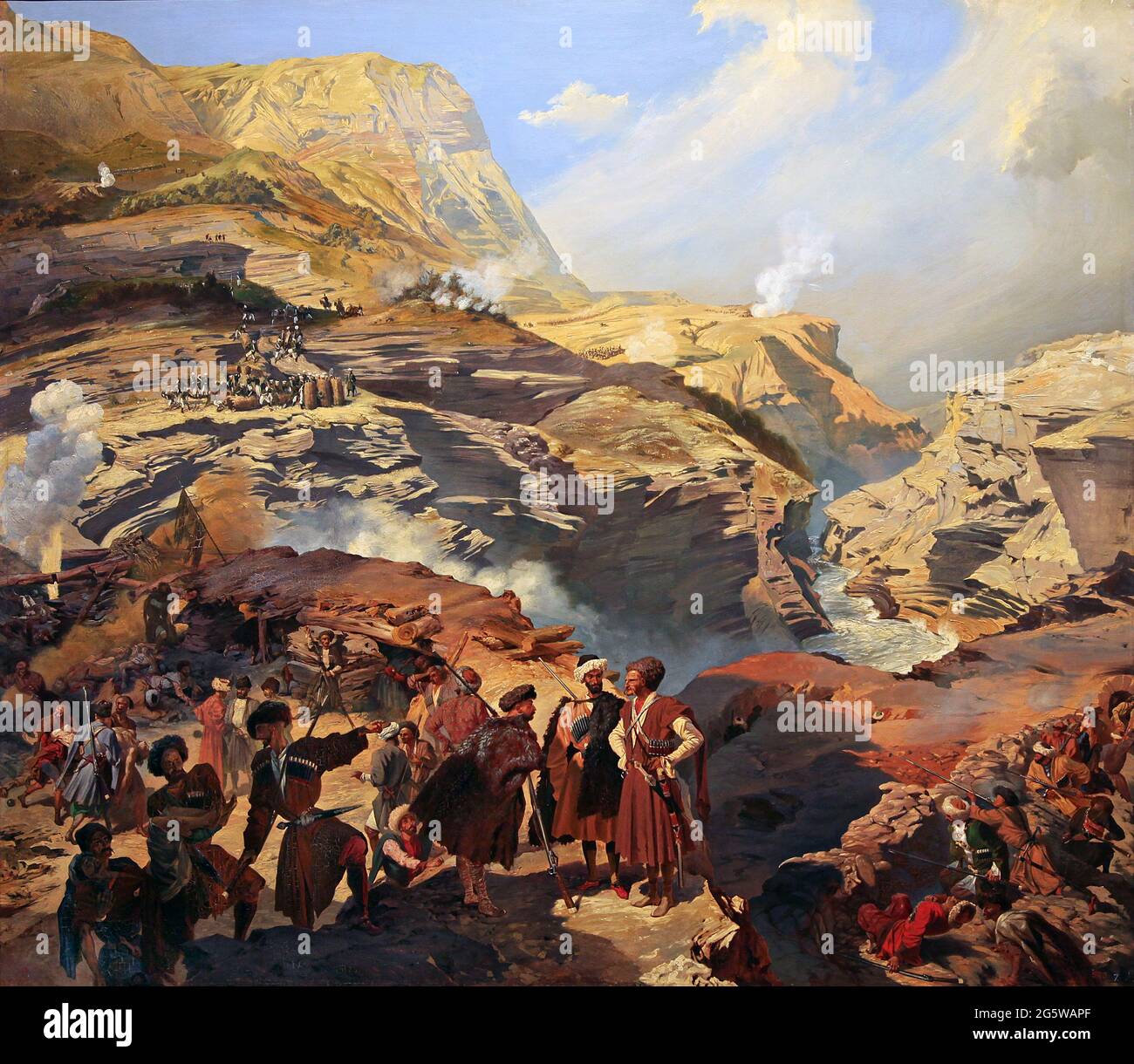 Schlacht von Akhatli zwischen russischen Truppen und den Tscherkessen am 8. Mai 1841, Ein Gemälde von Grigory Gagarin (Григорий Григорьевич Гагарин) 1810 - 1893) russischer Maler und Generalmajor. Stockfoto