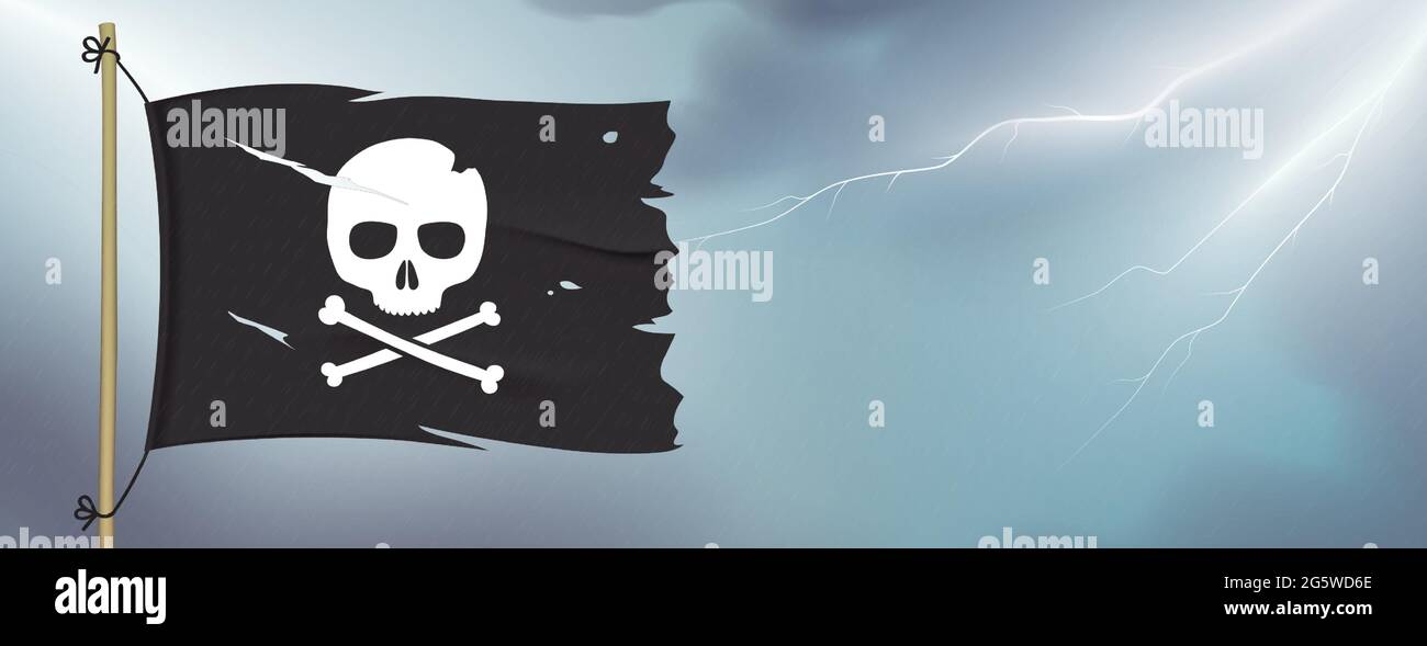 Abgenutzte Piratenflagge, die auf dunklem Himmel mit Blitzen winkt. Crossbones schwarzes Flag Vektor Banner Design mit Kopierraum. Stock Vektor