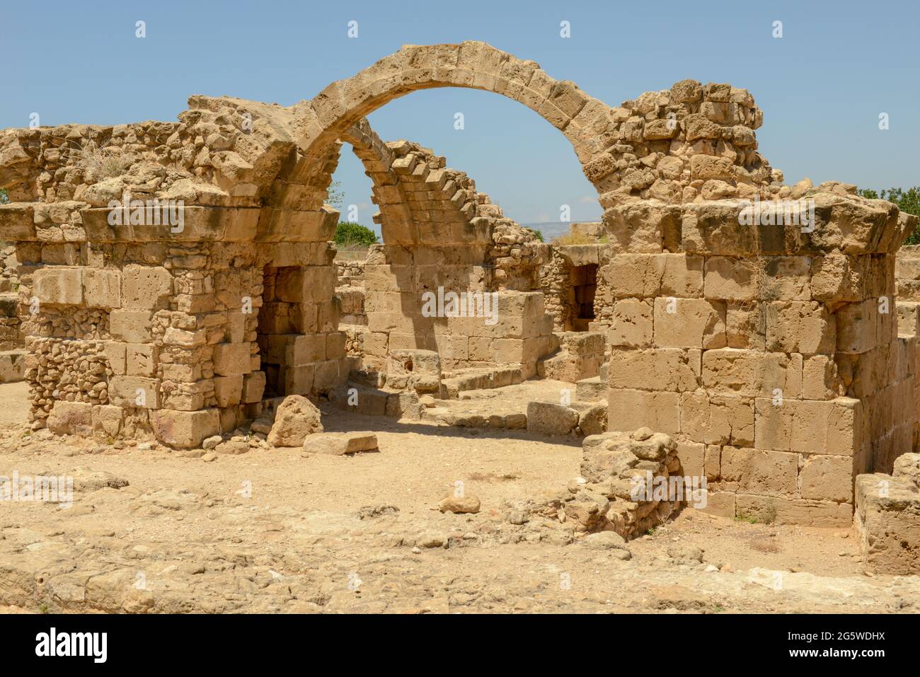 Blick auf die Saranda Kolones Ruinen von Pafos auf der Insel Zypern Stockfoto