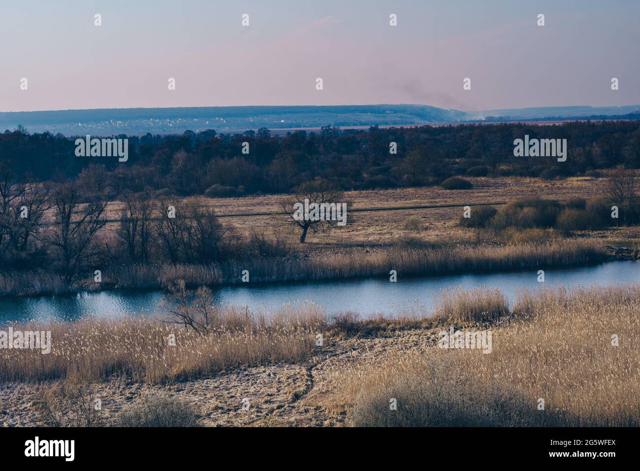 Schöne Landschaft mit einem Fluss mit ruhigem Wasser, neben einem Quellwald in der Natur Stockfoto
