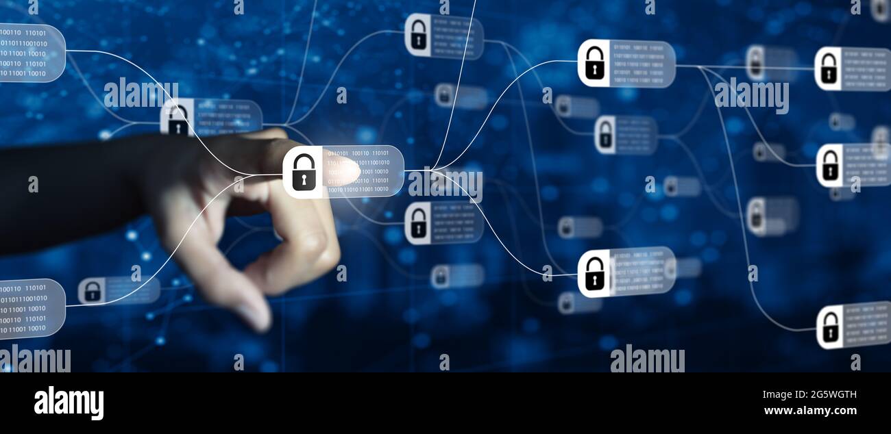 Geschäftsmann geben moderne Technologie und digitale Schichteffekte als Geschäftsstrategie an die Hand. Blockchain-Technologie mit Diagramm von Kette und verschlüsselten Blöcken. Stockfoto