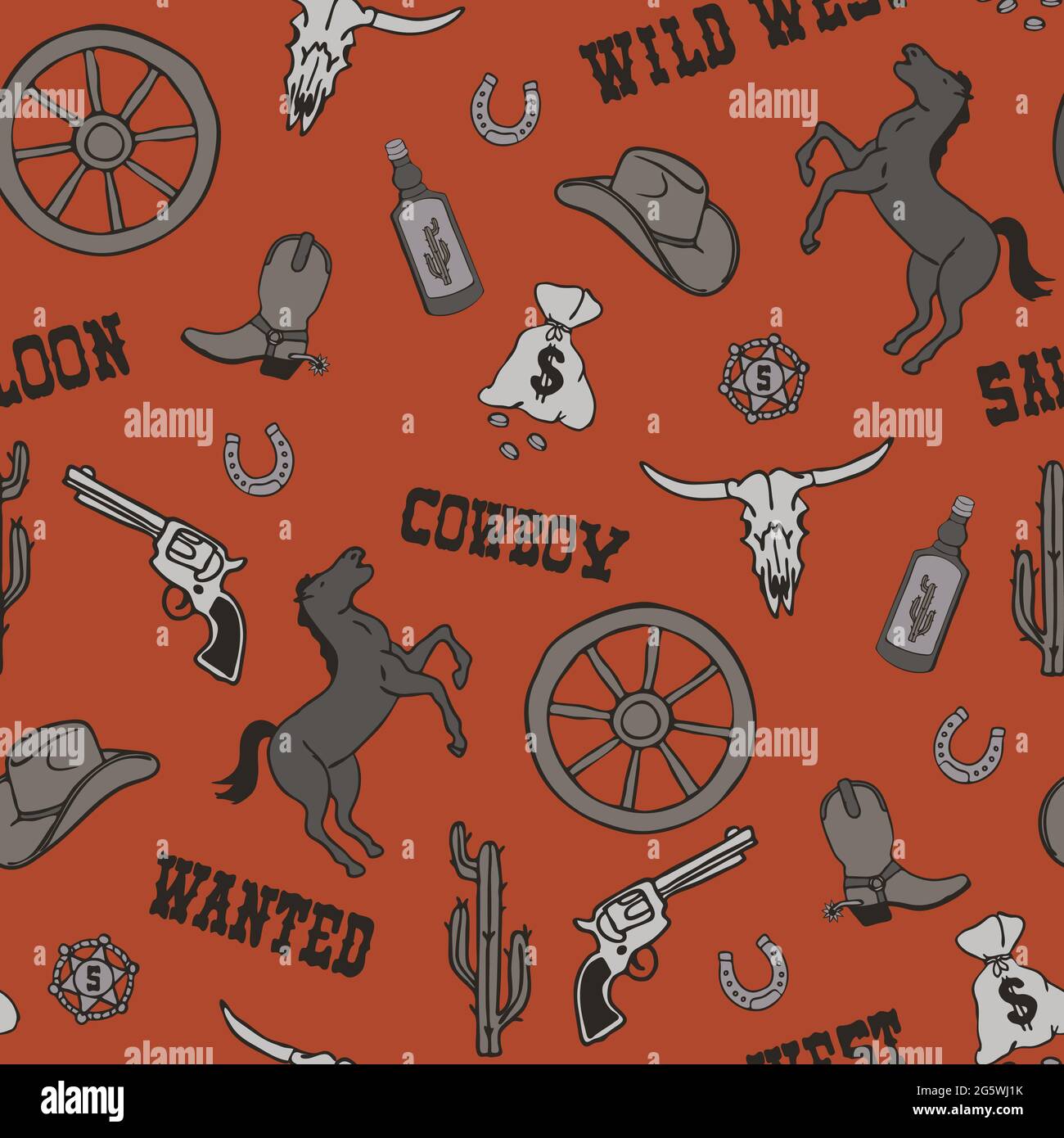 Nahtloses Vektormuster mit Wild-West-Symbolen auf orangefarbenem Hintergrund. Cartoon Cowboy Wallpaper Design für Kinder. Einfache westliche Mode Textil. Stock Vektor