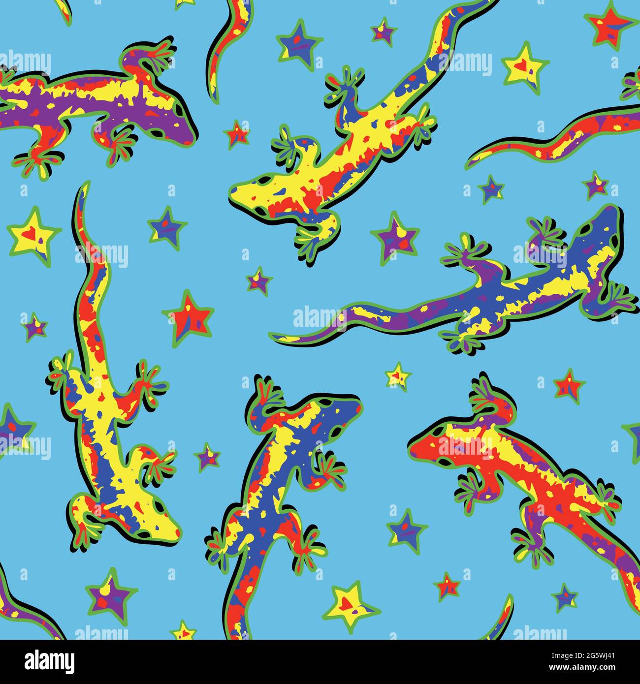 Nahtloses Vektormuster mit bunten Eidechsen auf blauem Hintergrund. Niedliches Tier Tapete Design für Kinder. Gecko Fashion Textil. Stock Vektor