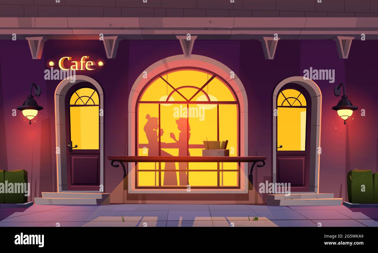 Mädchen im Café, Frauen Silhouetten im Fenster trinken Tee und reden im Café, Blick von außen. Die Besucher entspannen sich in der Cafeteria im Retro-Stil, der Fassade des Abendgebäudes und der Cartoon-Vektorgrafik Stock Vektor