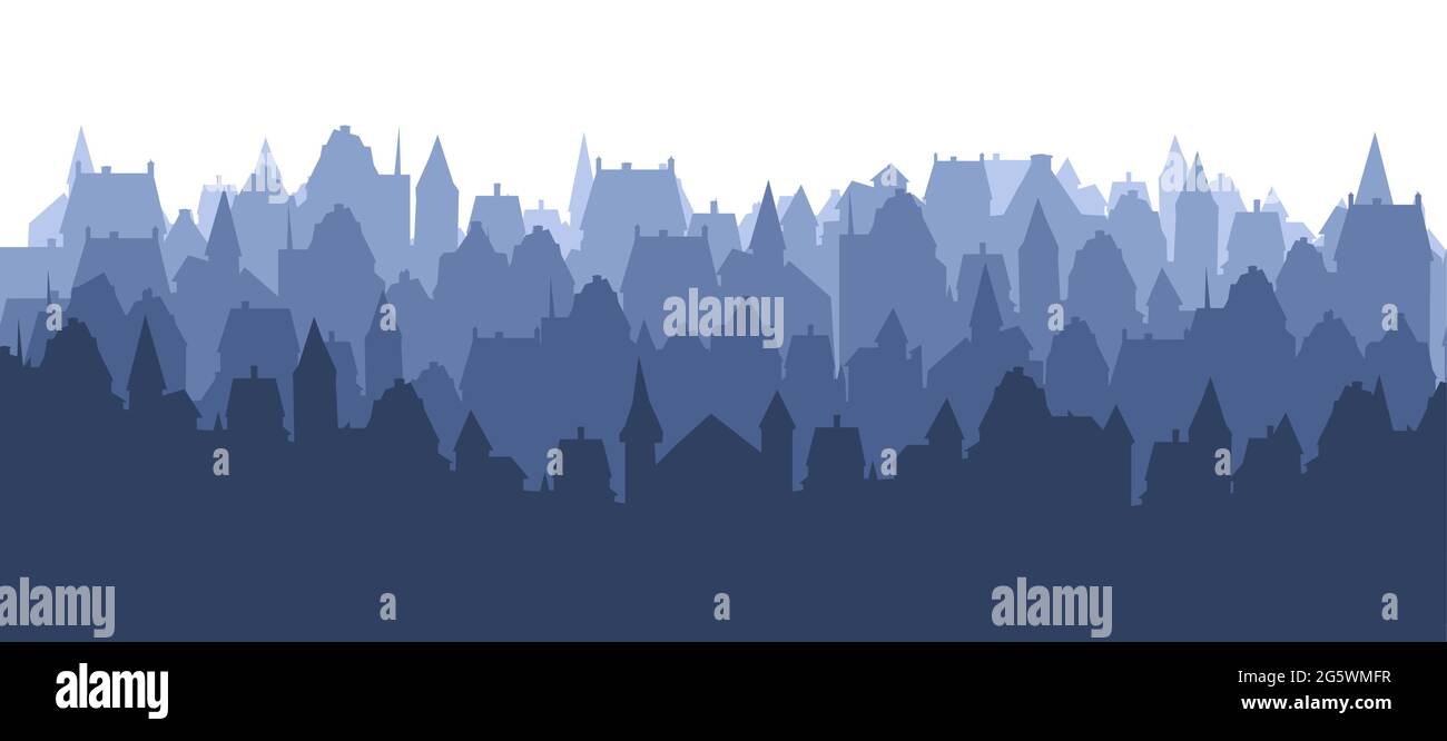 Kleine Stadt Straßen Silhouette. Dächer von Häusern. Landschaft auf dem Land. Flacher Cartoon-Stil. Nahtlose Illustration. Isoliert auf weißem Hintergrund. Vektorgrafiken Stock Vektor