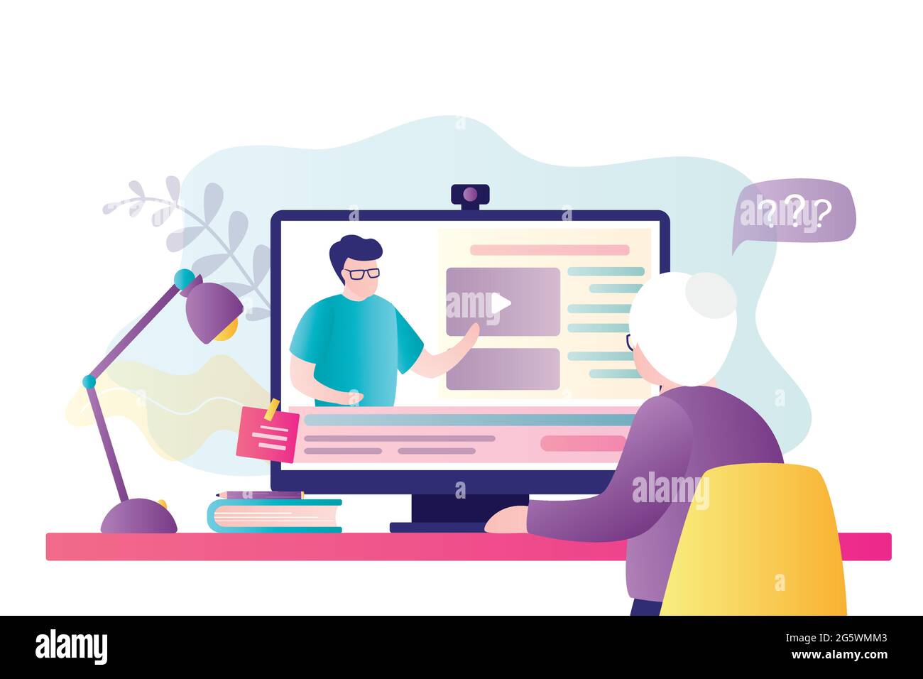 Großmutter studiert auf Online-Kursen. Ältere Frau, die am Schreibtisch sitzt und studiert. Webinar-Lehrer auf dem Computerbildschirm. Konzept von E-Learning und t Stock Vektor