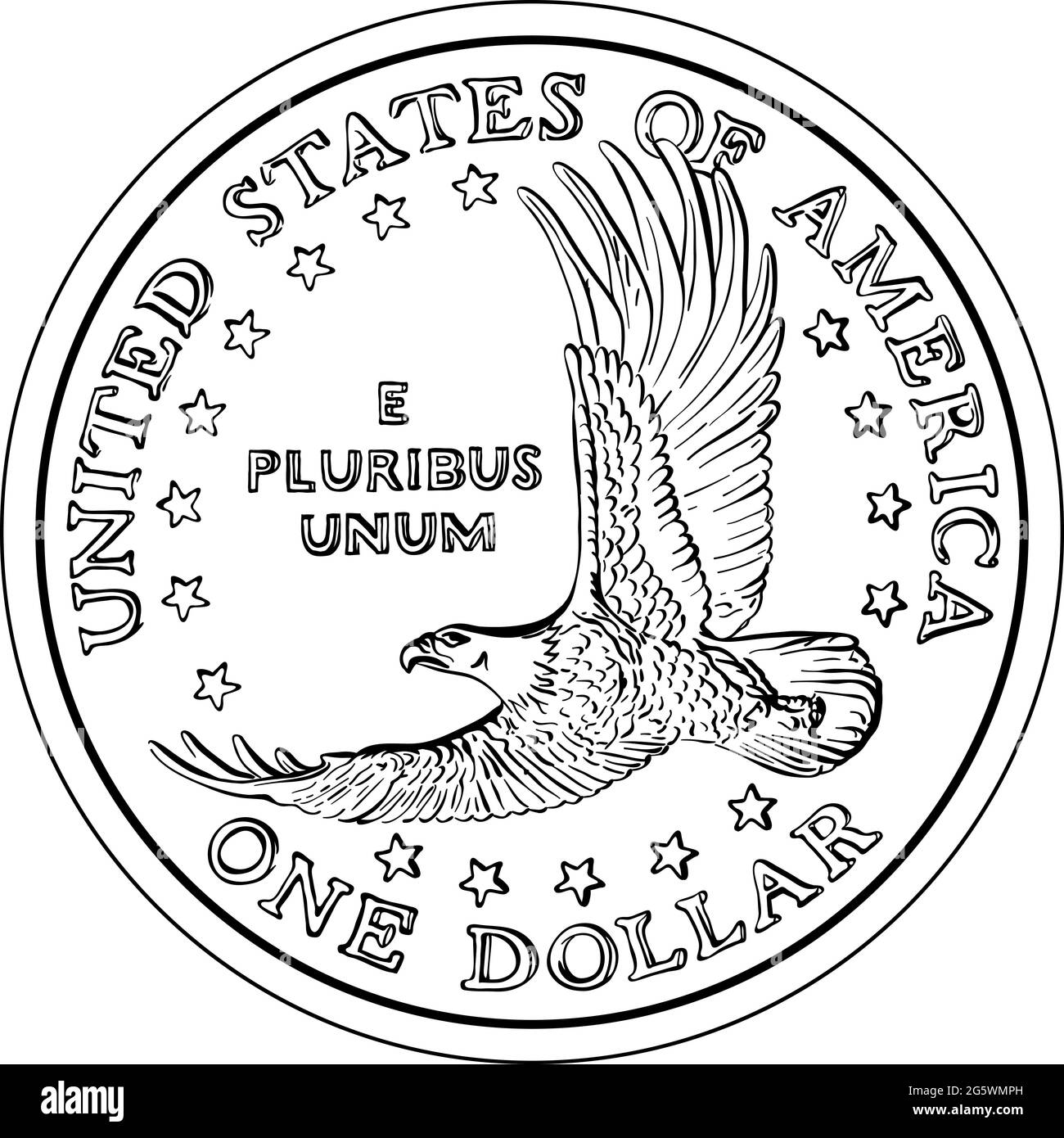 Schwarz-weiße Dollar-Münze mit dem Bild des fliegenden Adlers und der Sterne Stock Vektor