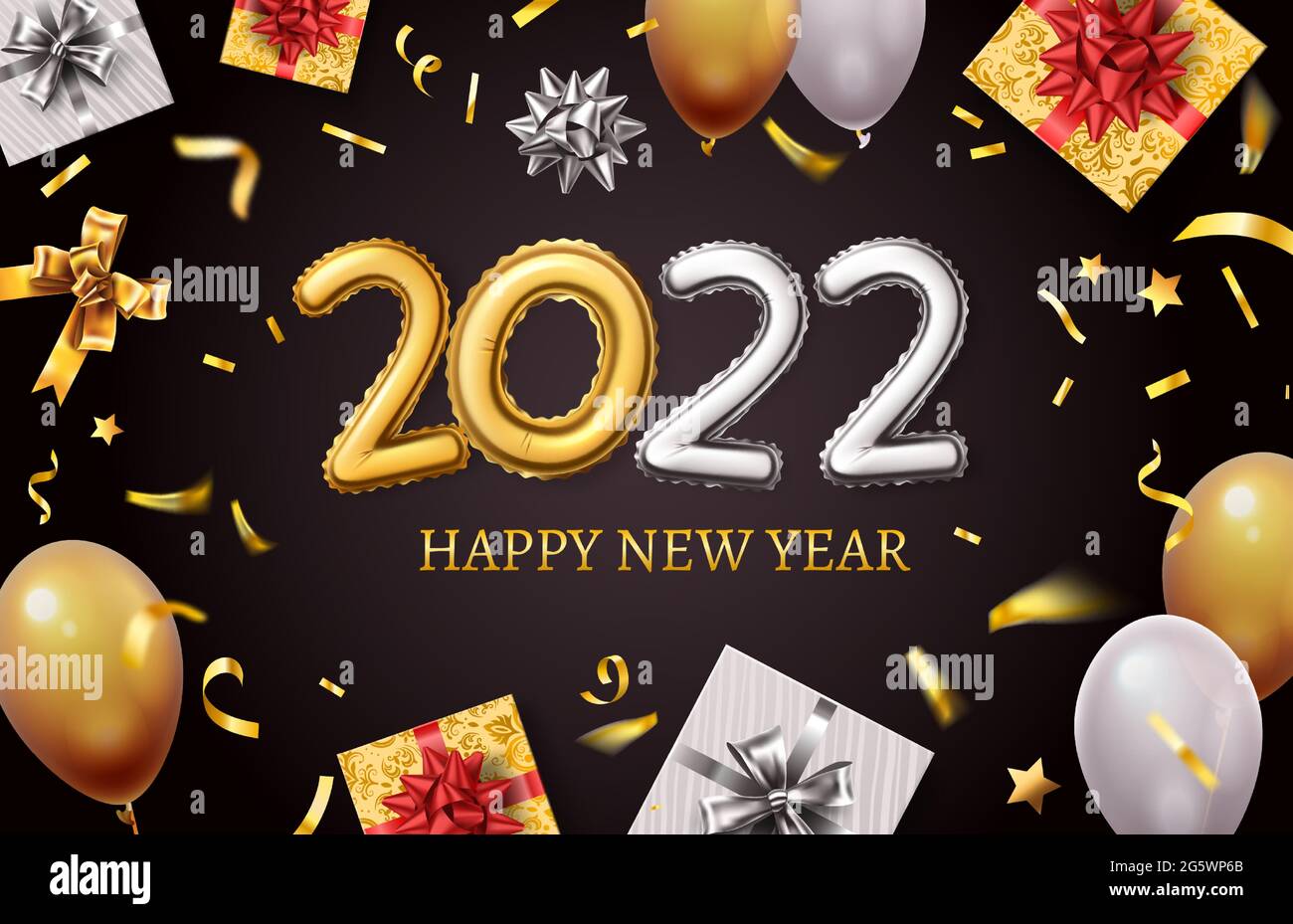 Frohes neues Jahr 2022. Banner mit realistischen goldenen Ballonnummern, Geschenkschachteln, goldenen Schleifen und Konfetti. Weihnachtsgrüße Karte Vektor-Design Stock Vektor