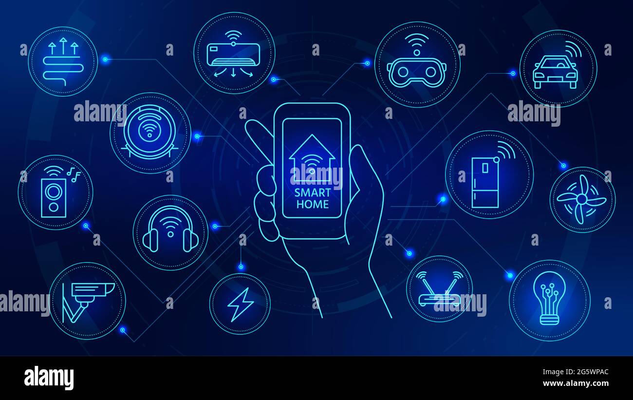 Smart-Home-Technologie. Vernetzte Geräte mit Smartphone-App-Steuerung. Automatisierungssystem für das Internet der Dinge mit digitalem Vektorkonzept für Icons Stock Vektor