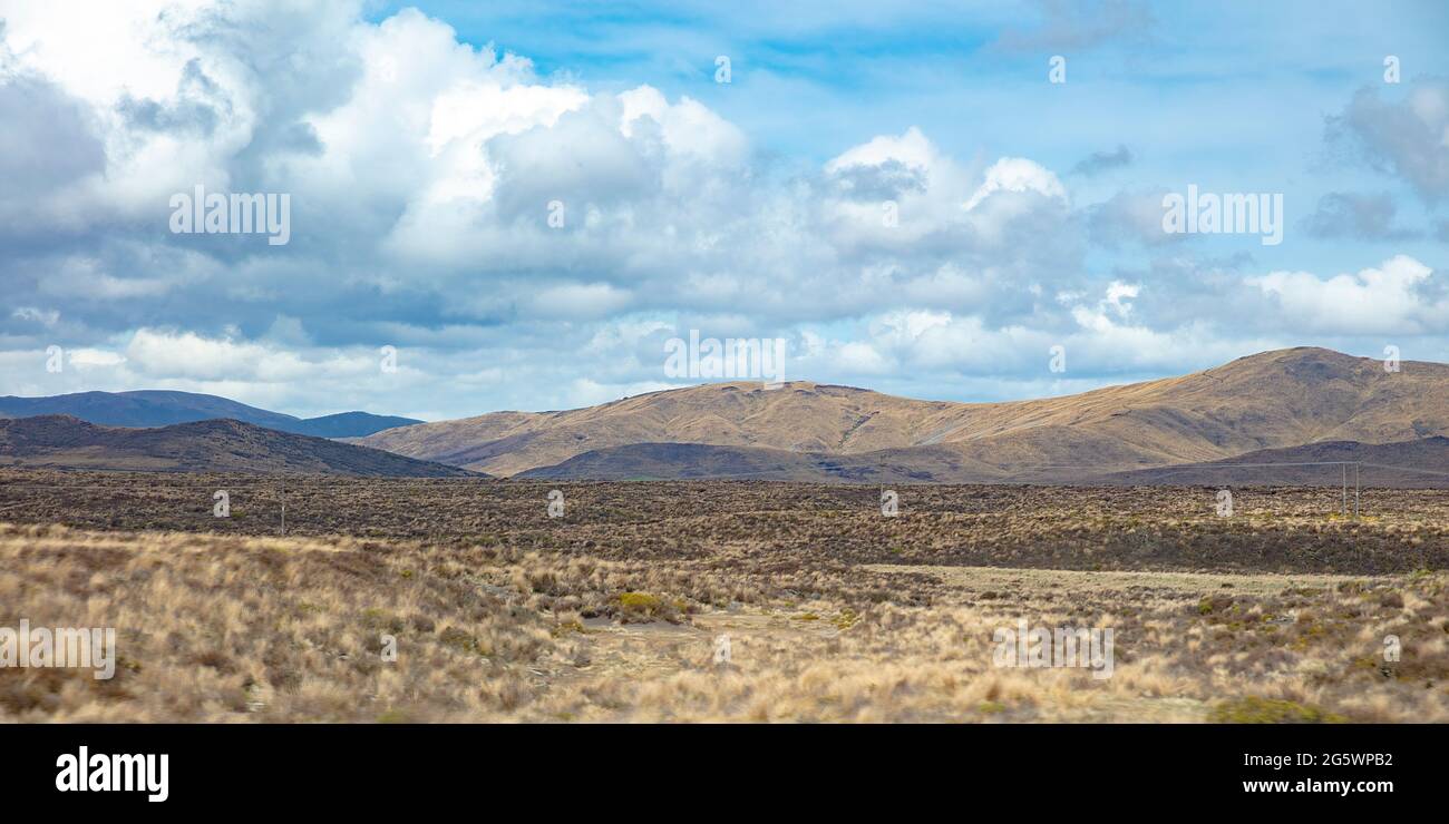 Blick auf ausgedehntes und leeres Land entlang des Volcanic Loop Hwy im Waiouru Military Area, Manawatu-Wanganui, Neuseeland. Stockfoto