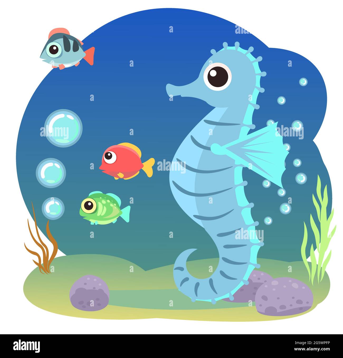 Kleine Landschaft. Sea Horse. Unterwasserwelt. Wilde Tiere. Meer, Meer. Sommerwasser. Isoliert auf weißem Hintergrund. Illustration im Cartoon-Stil Stock Vektor