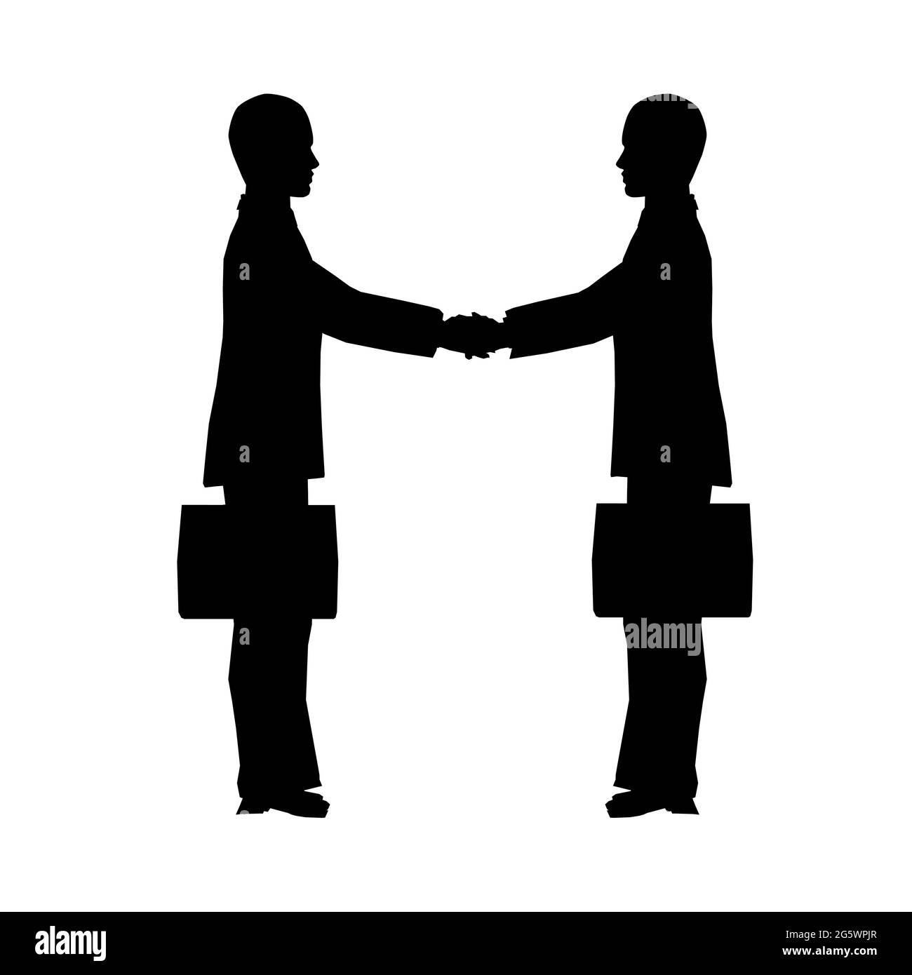 Silhouette von zwei Geschäftsleuten mit Aktentaschen tun einen Handschlag isoliert auf weißem Hintergrund. Vektorgrafik. Stock Vektor