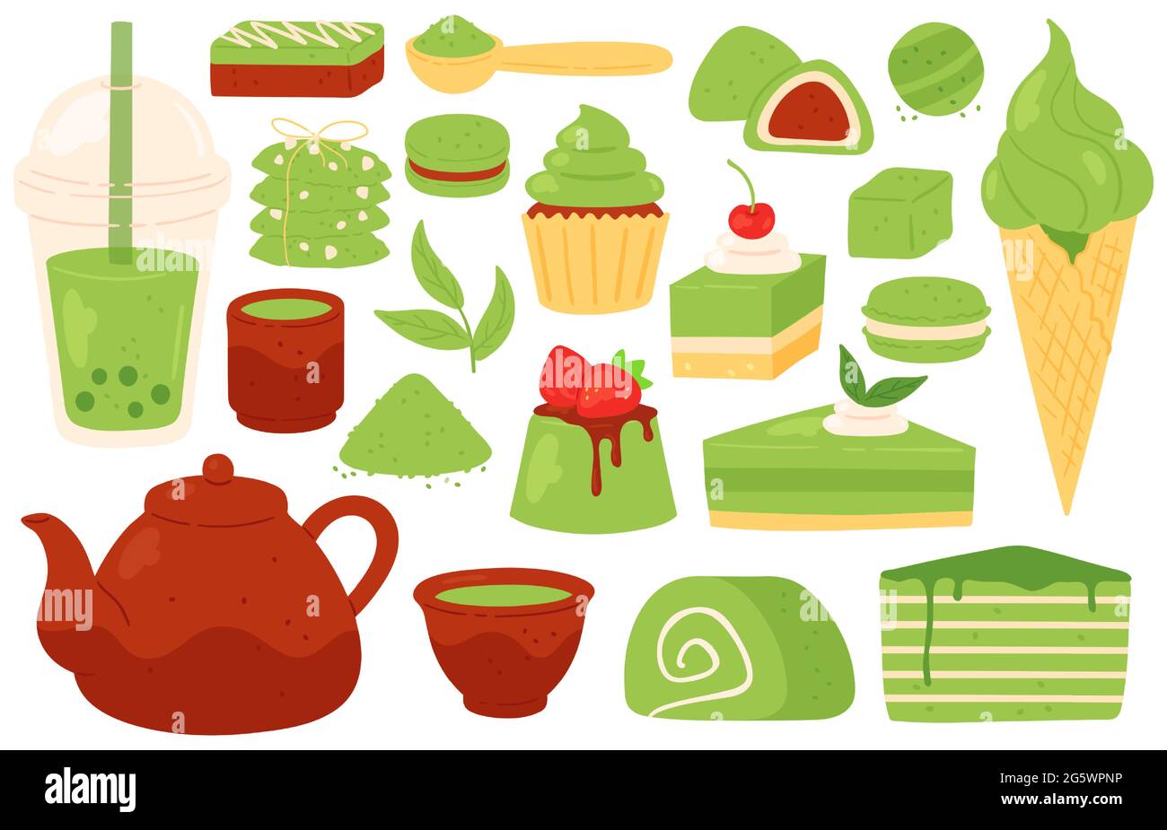 Matcha-Tee und Süßigkeiten. Japanische grüne Matcha-Produkte, Pulver, Blätter, Teekannen und Tassen, Bubble Tea. Gesundes Gebäck und Desserts Vektor-Set Stock Vektor