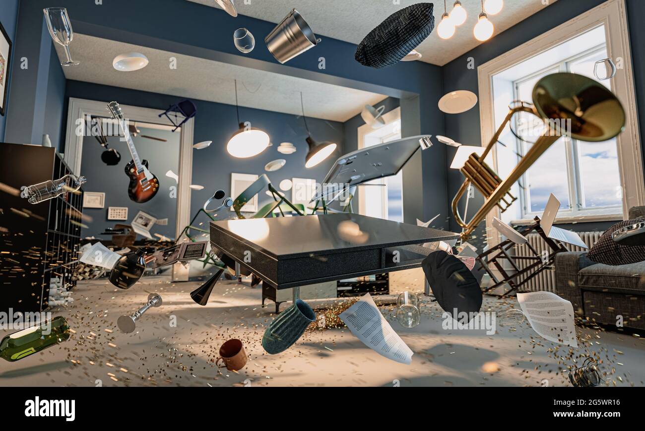 Innenraum eines Hauses mit fliegenden Objekten und in Unordnung. Konzept der Verwirrung, Katastrophe. 3d-Rendering. Stockfoto