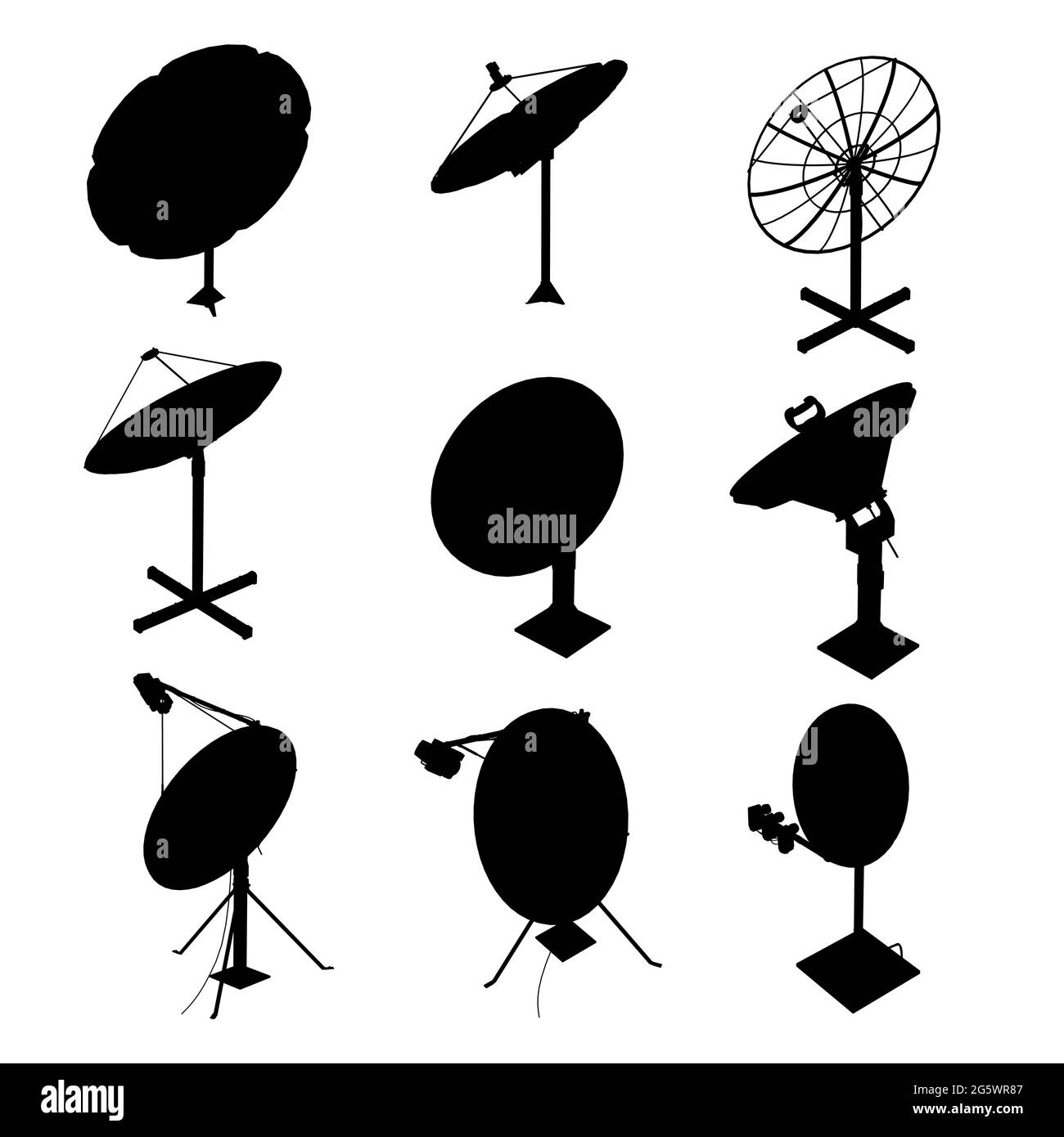 Set mit Silhouetten von Satellitenschüsseln isoliert auf weißem Hintergrund. Vektorgrafik. Stock Vektor