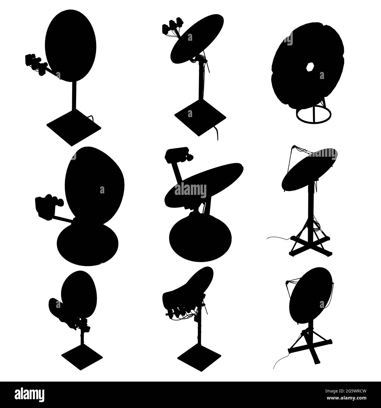 Set mit Silhouetten von Satellitenschüsseln isoliert auf weißem Hintergrund. Vektorgrafik. Stock Vektor