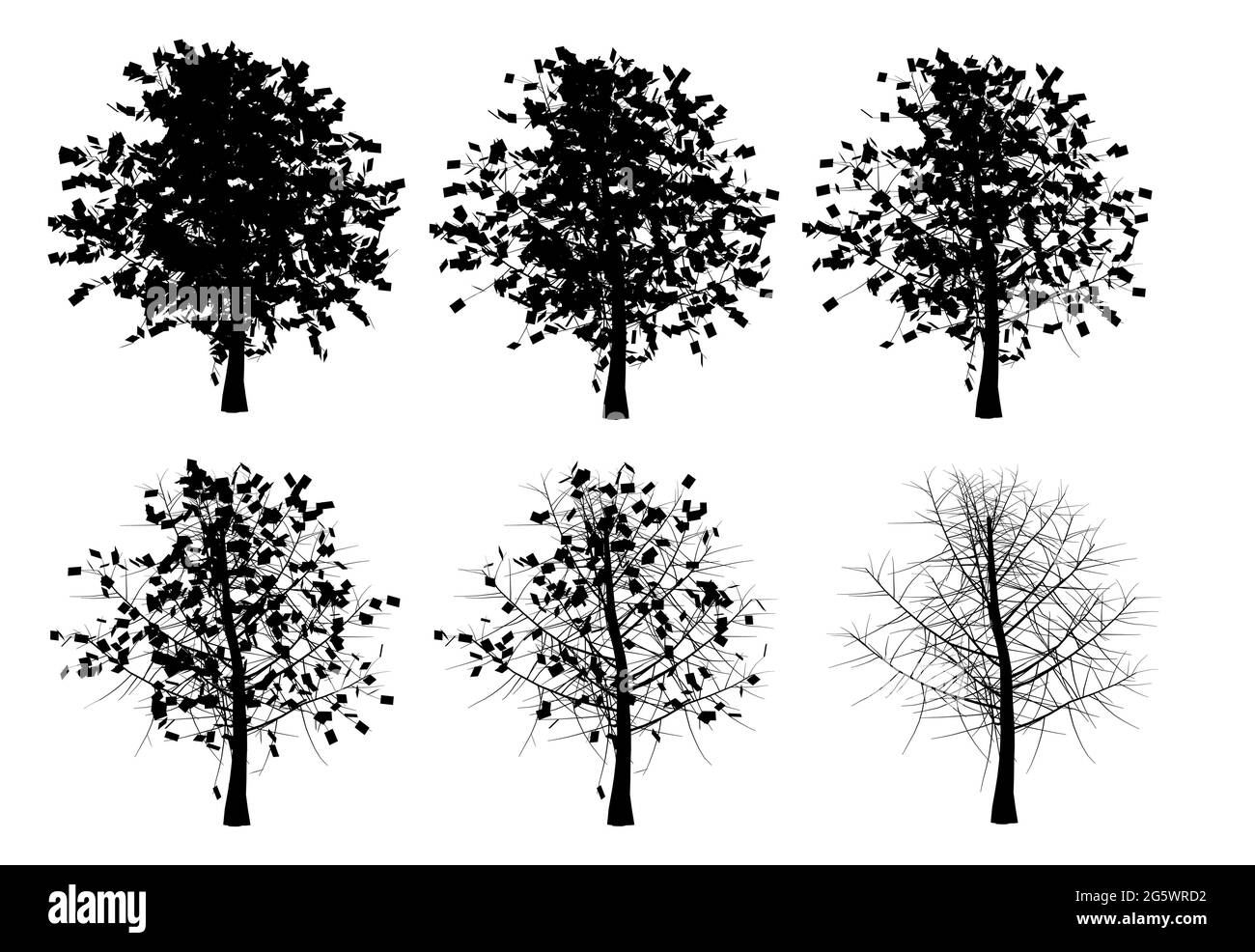 Set mit einer Silhouette eines Baumes in verschiedenen Jahreszeiten isoliert auf einem weißen Hintergrund. Vektorgrafik. Stock Vektor