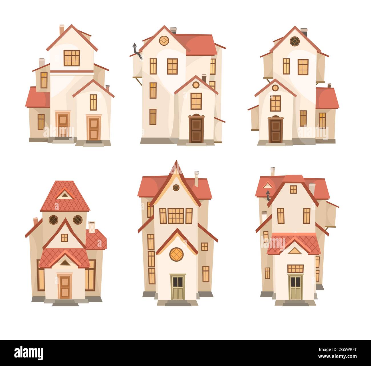 Eine Reihe von weißen Cartoon-Häusern mit einem roten Dach. Ein schönes, gemütliches Landhaus im traditionellen europäischen Stil. Sammlung von niedlichen lustigen Häusern Stock Vektor