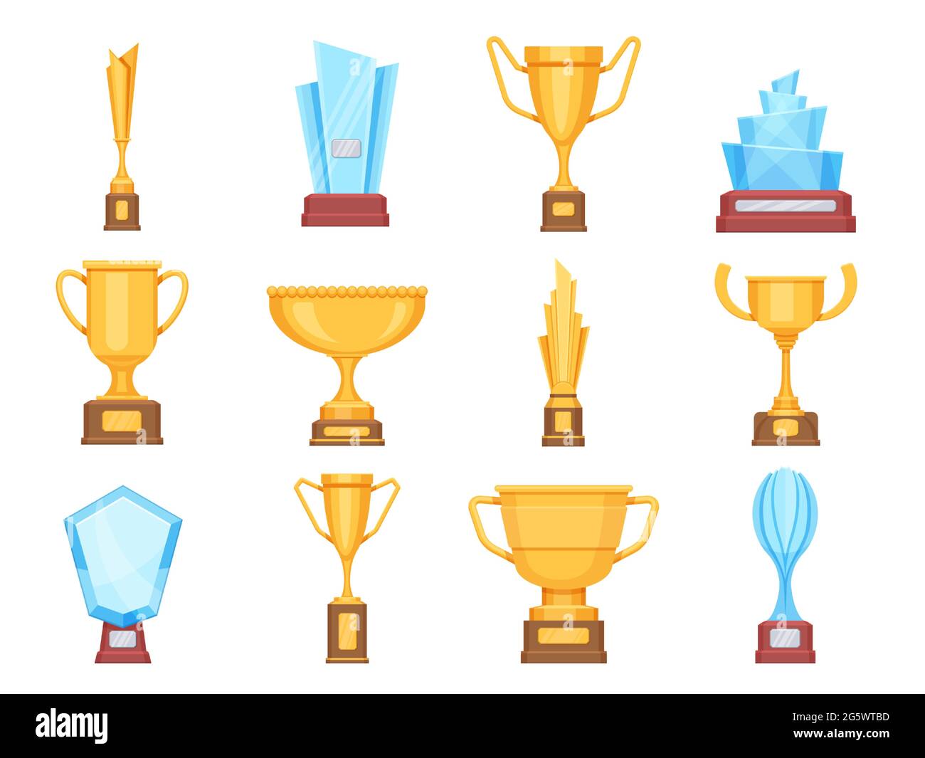 Goldene Pokale. Trophäen aus Glas und Gold für Sport oder Wettkampf. Crystal Championship Rewards und Gewinner Preise flache Vektor-Set Stock Vektor