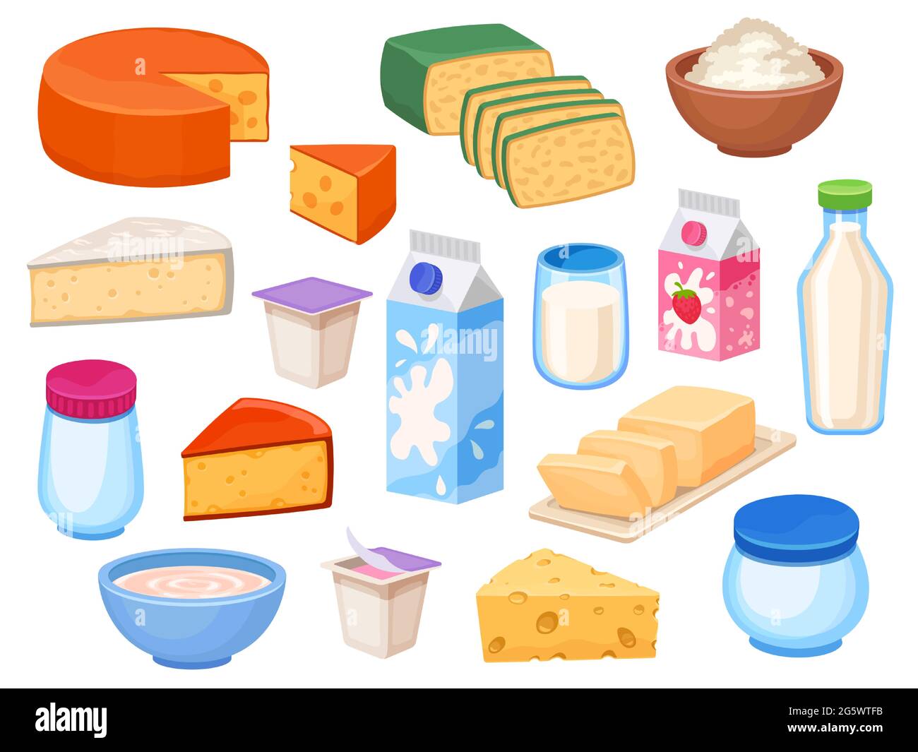 Milchprodukte. Käsescheiben, Milch in Flaschen, Schachtel und Glas, Joghurt, Butter, Quark in Schüssel und Creme. Cartoon Bauernhof milchig Lebensmittel Vektor-Set Stock Vektor