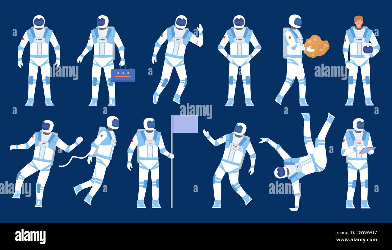 Astronautposen. Spaceman Tänzer, stehen mit Flagge, schweben im Raum. Flacher Charakter in Kosmonauten-Anzug und Helm. Kosmische Forscher Vektorset Stock Vektor