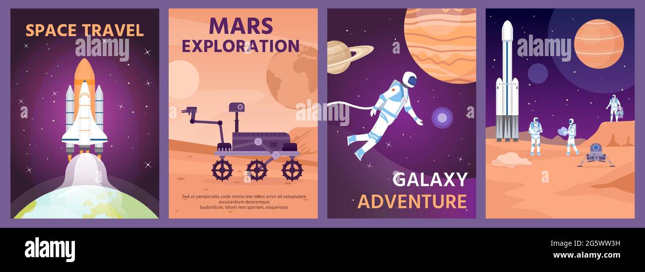 Poster „Space Exploring“. Galaxienlandschaft mit Rakete, Planeten und Astronaut. Mars-Rover auf der Planetenoberfläche. Banner-Vektor-Set für die kosmische Wissenschaft Stock Vektor