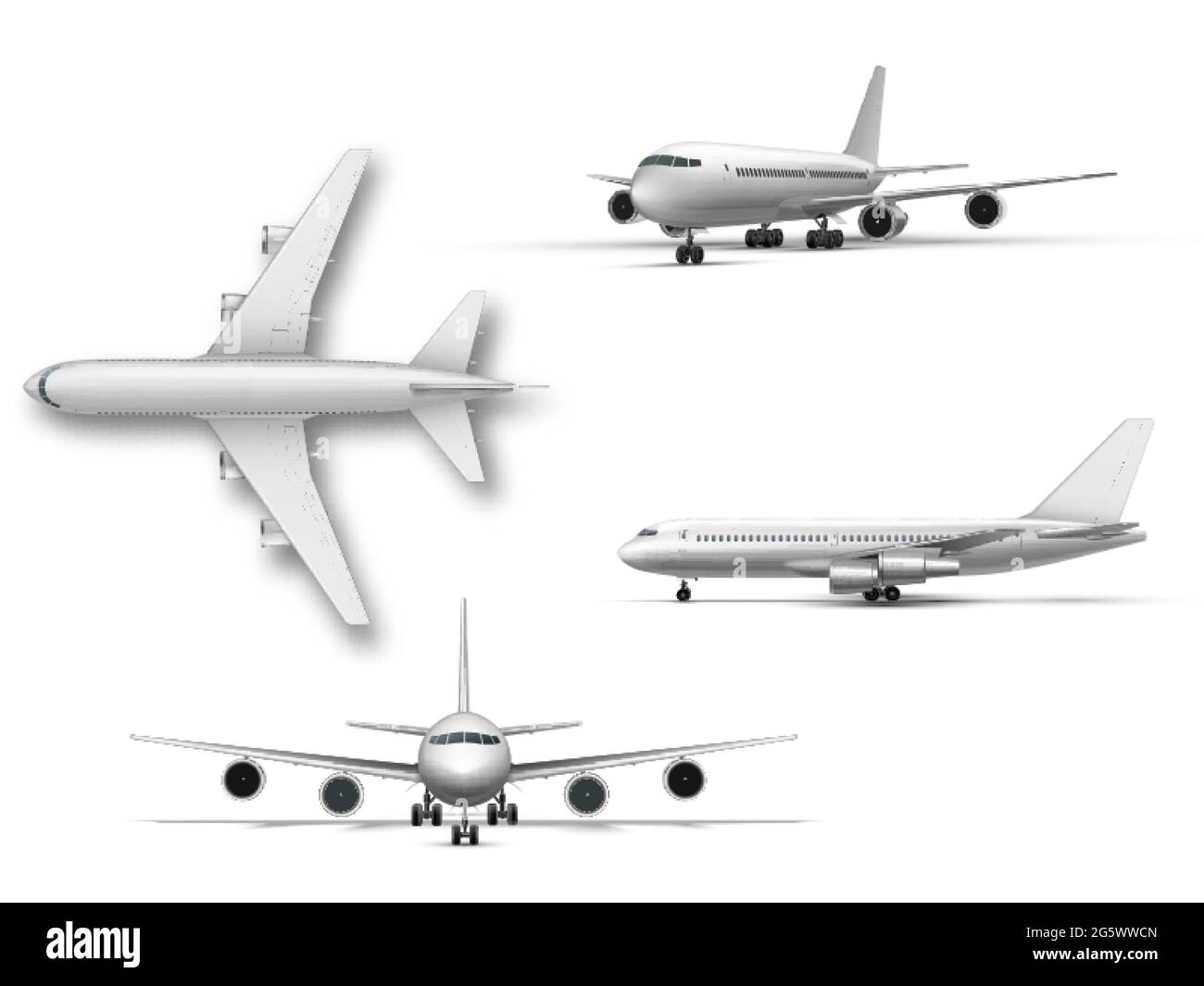 Standflugzeug, Düsenflugzeug, Verkehrsflugzeug. Detailliertes Passagierflugzeug auf weißem Hintergrund. Stock Vektor