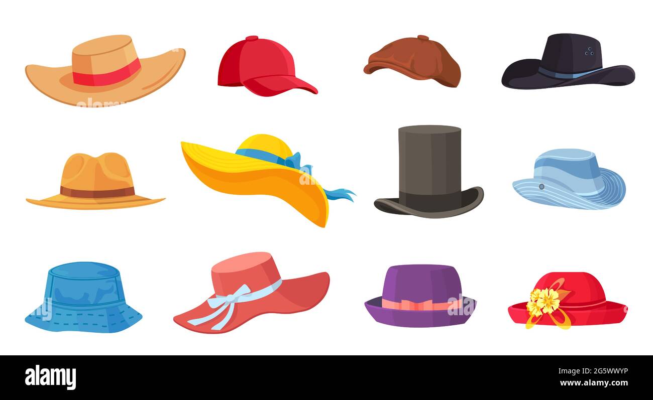 Cartoon-Hüte. Weibliche und männliche Kopfbedeckung, Derby und Cowboy,  Strohhut, Mütze, panama und Zylinder. Sommer Frauen Vintage Mode Hüte  Vektor-Set Stock-Vektorgrafik - Alamy