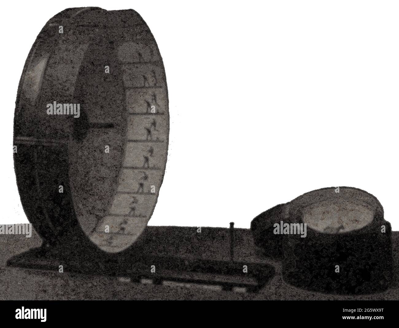 A um 1886 - eine frühe Druckaufnahme eines TACHYSCOPE-Rades, auch bekannt als elektrischer Schnellseher, Elektrotachyskop, elektrischer Quick-Viewer und Tachistoskop. Es war eine bewegte Bildmaschine, die von Professor Ottomar Anschütz ( 1846 - 1907), dem deutschen (preußischen) Erfinder, Fotografen und Chronophotographen, erfunden wurde. Es gab sieben verschiedene Versionen der Maschine, einschließlich einer mit einem Projektor. Stockfoto