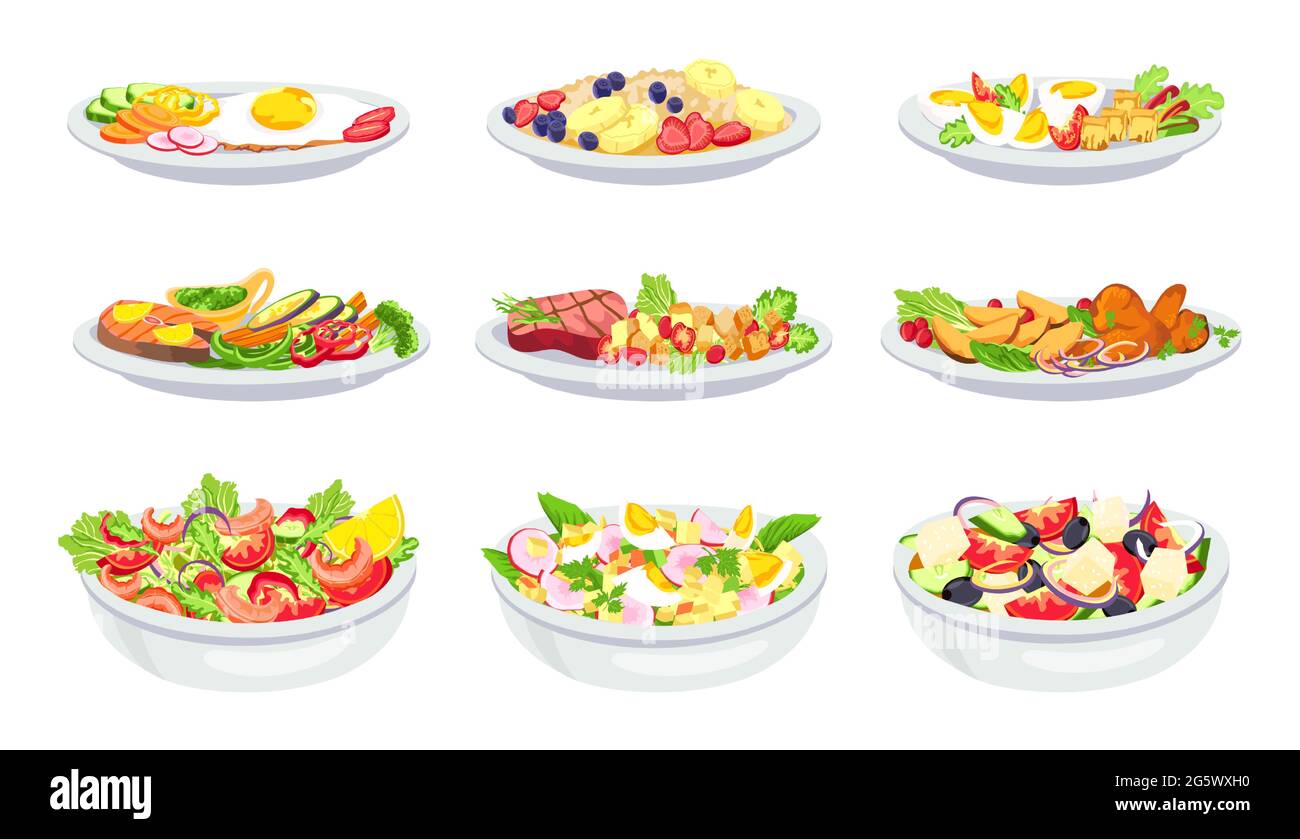 Gesunde Mahlzeit. Frühstück, Mittagessen, Salat und Abendessen. Haferflocken mit Obst. Ausgewogene Ernährung mit Gemüse, Eiern, Fleisch und Meeresfrüchten, Vektor-Set Stock Vektor