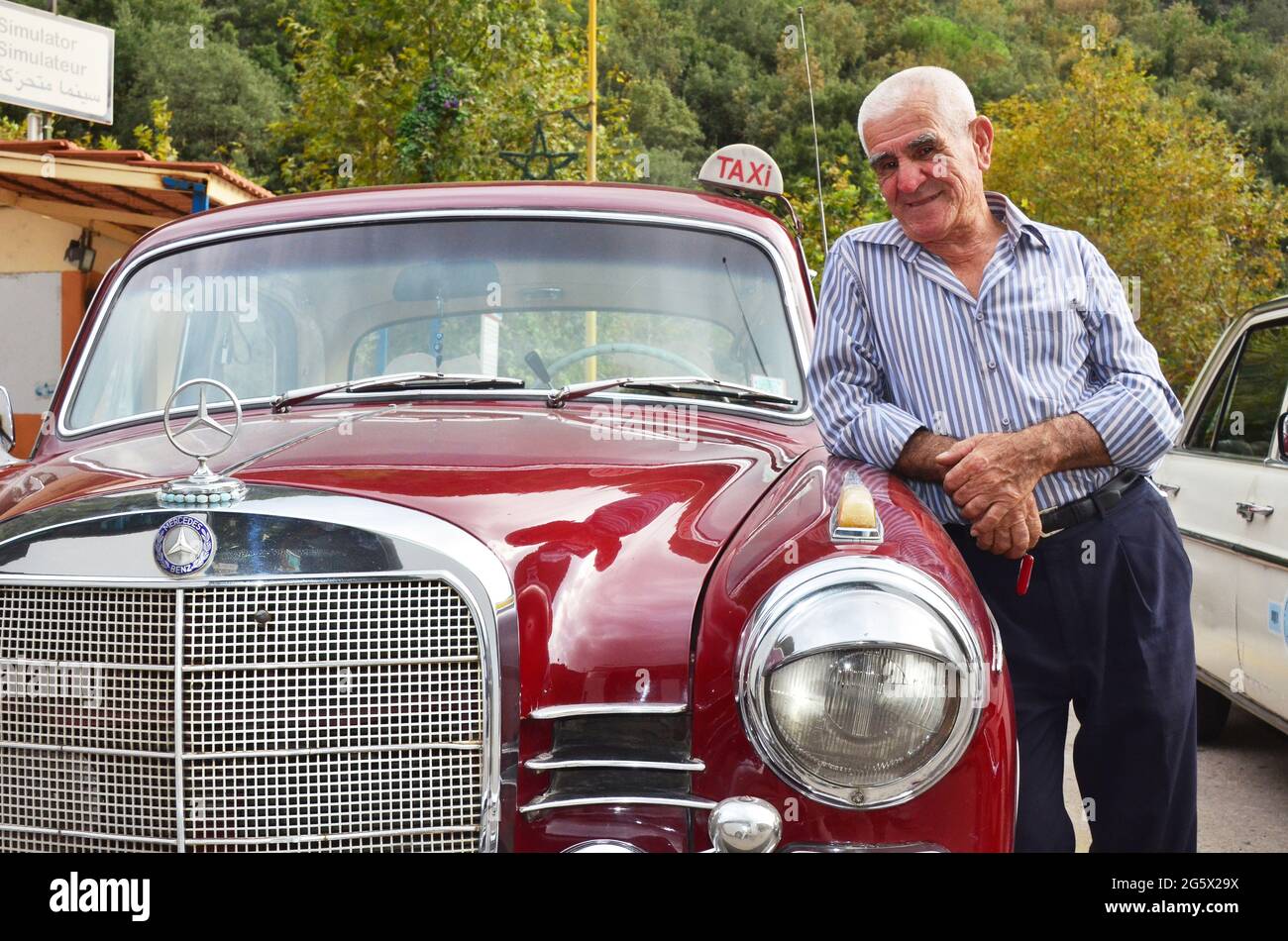 LIBANON. BEIRUT. EIN SEHR STOLZER TAXIMAN MIT SEINEM ALTEN MERCEDES-AUTO. Stockfoto