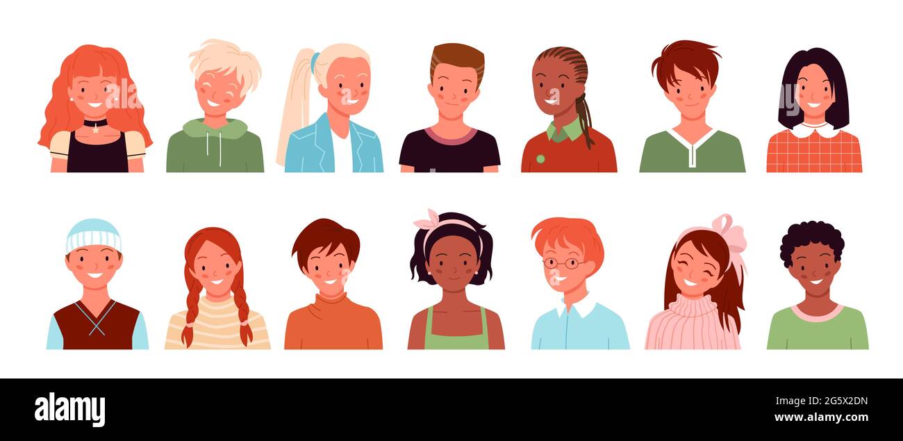 Cartoon verschiedene niedliche Gesicht Porträts von jungen Mädchen, Kind Benutzer Zeichen auf weiß isoliert. Profil Avatare für Social Media oder Blog-Konto, Schule Stock Vektor