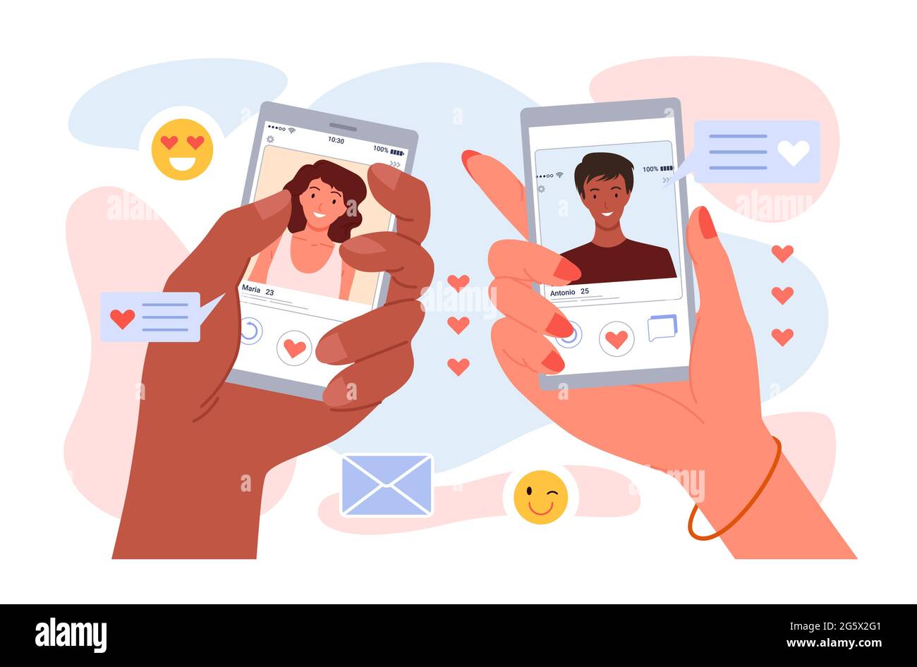 Cartoon männliche weibliche Hände halten Handys mit Dating-Chat-App auf dem Bildschirm und Porträts von jungen Mann und Frau isoliert auf weiß. Online romantische Dating Stock Vektor