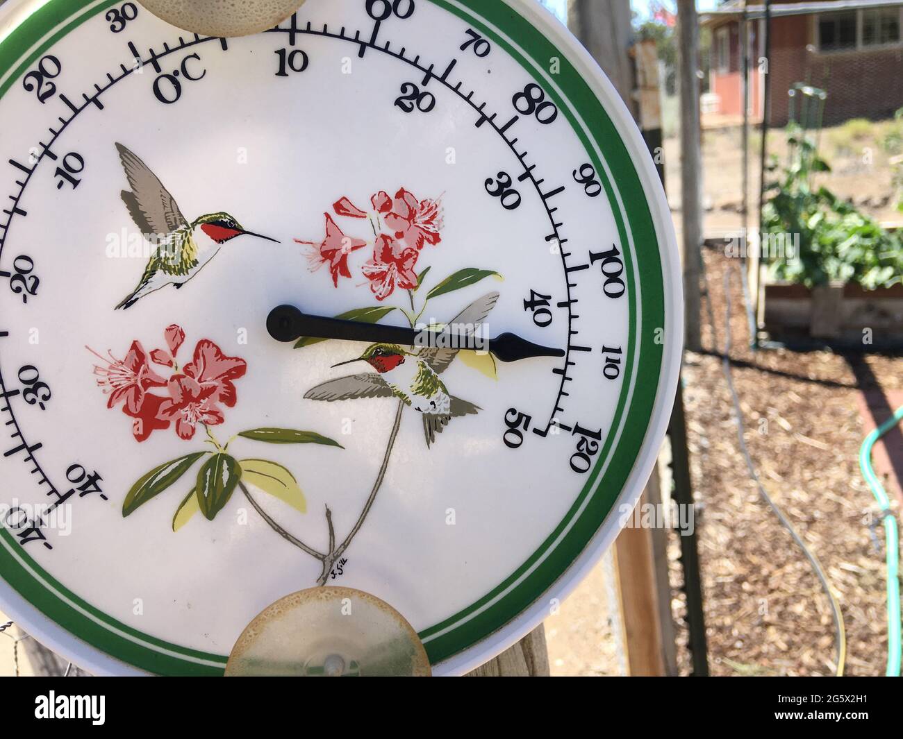 Ein Thermometer in Bend, Oregon, zeigt 111 Grad Fahrenheit während einer Hitzewelle im Frühsommer 2021. Stockfoto