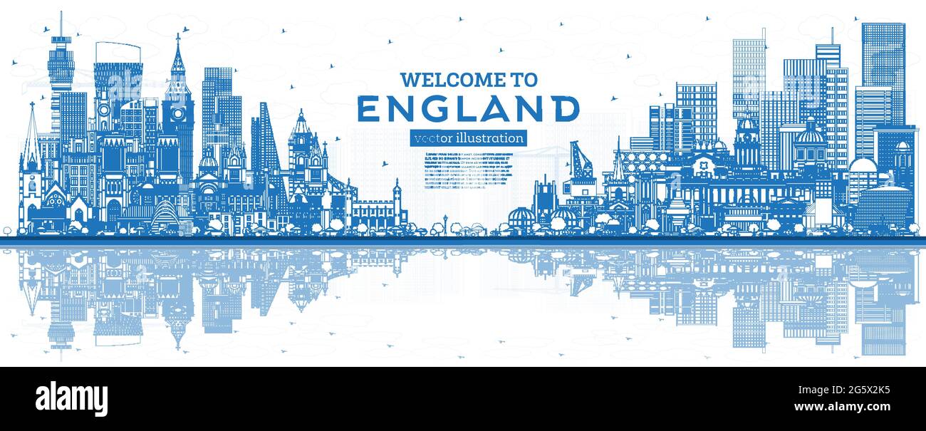Beschreibung Willkommen in der Skyline von England City mit blauen Gebäuden und Reflexionen. Vektorgrafik. Konzept mit historischer Architektur. Stock Vektor