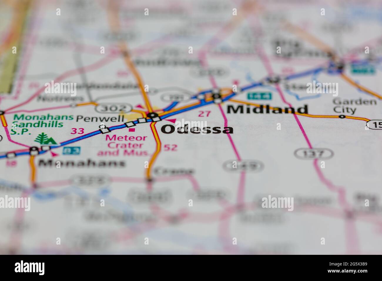 Odessa Texas USA auf einer Geografie- oder Straßenkarte angezeigt Stockfoto