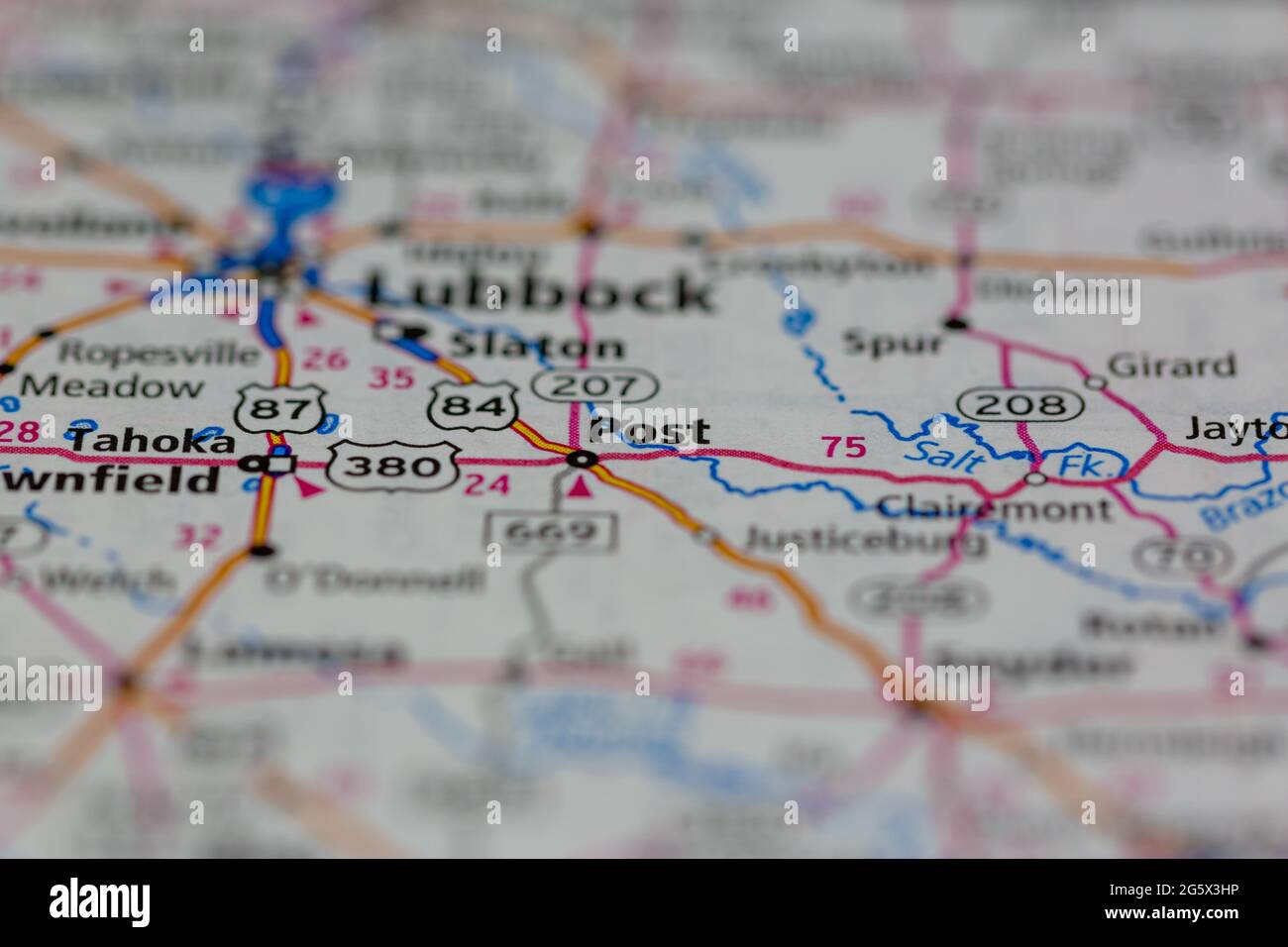 Post Texas USA wird auf einer Geografie- oder Straßenkarte angezeigt Stockfoto