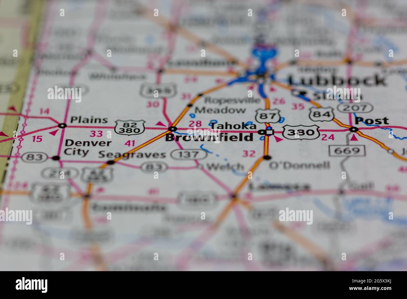 Brownfield Texas USA wird auf einer Geografie- oder Straßenkarte angezeigt Stockfoto