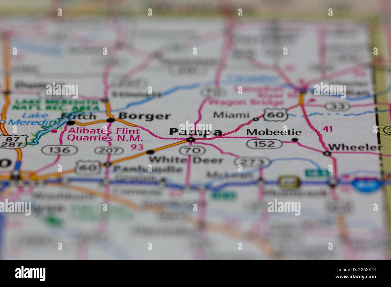 Pampa Texas USA wird auf einer Geografie- oder Road-Map angezeigt Stockfoto
