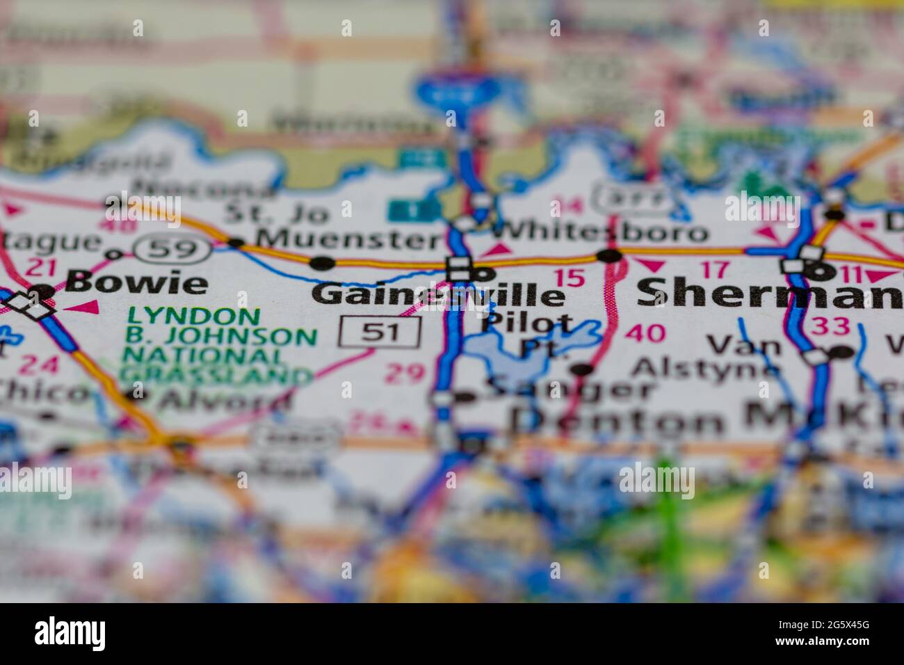 Gainesville Texas USA auf einer Geografie- oder Straßenkarte angezeigt Stockfoto