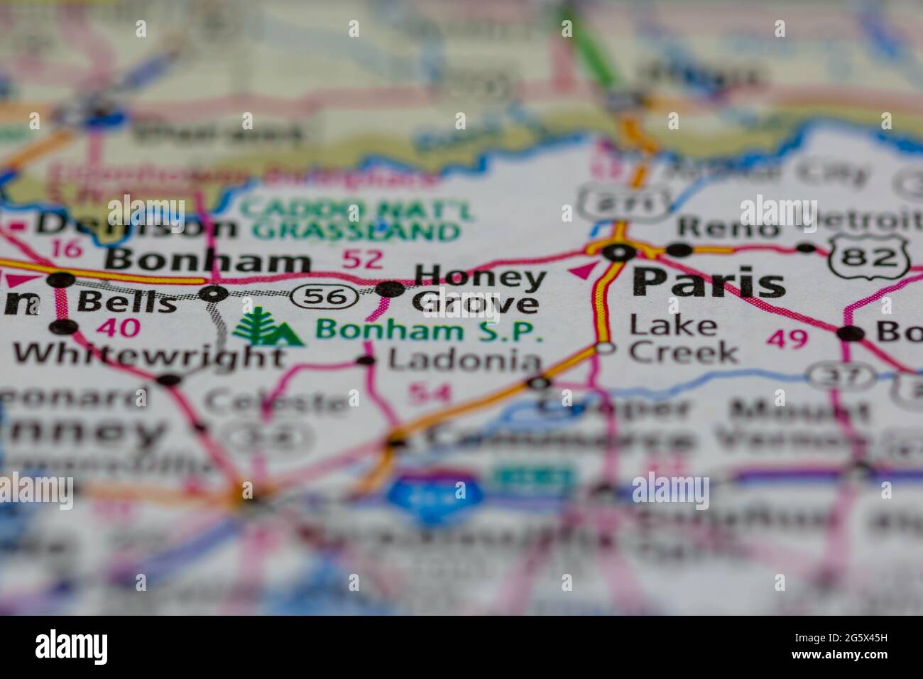Honey Grove Texas USA auf einer Geografie- oder Straßenkarte angezeigt Stockfoto