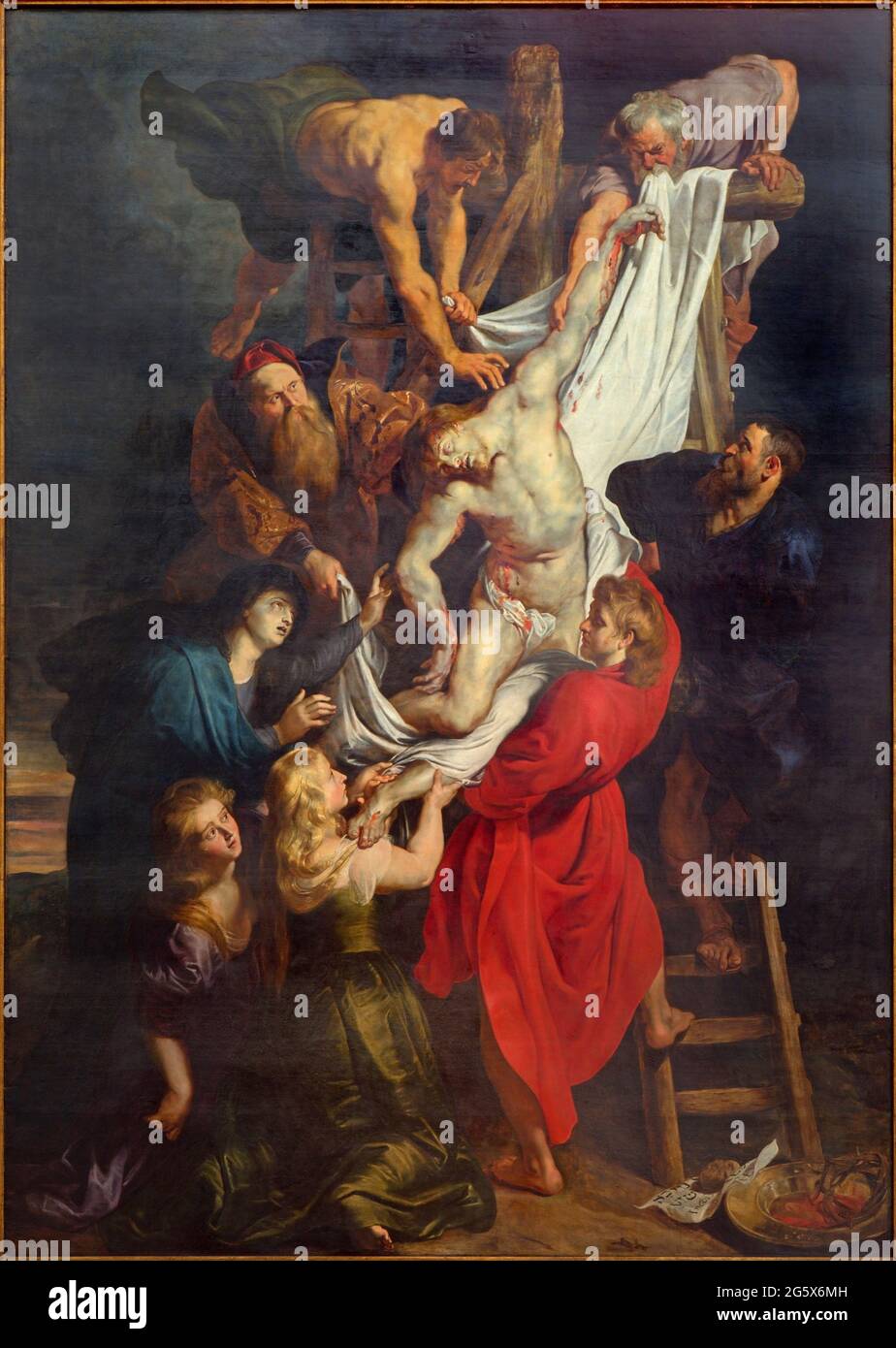ANTWERPEN, BELGIEN - SEPTEMBER 4: Kreuzheben (460x340 cm) aus den Jahren 1609 - 1610 vom Barockmaler Peter Paul Rubens in der Kathedrale Stockfoto