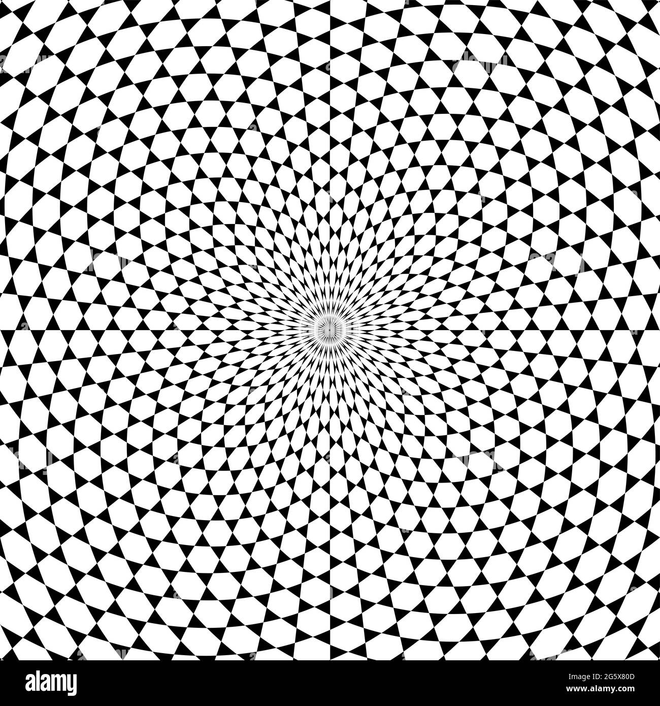 Davidstern Muster Spirale Hintergrund. Weiße Sechsecke umgeben von schwarzen Dreiecken, die sich in einer Spirale von der Mitte nach außen entwickeln. Stockfoto
