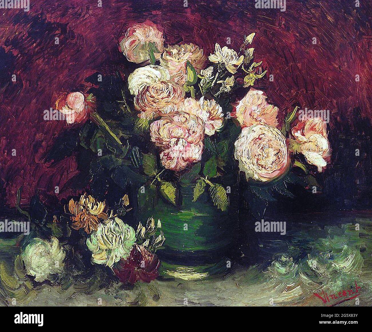 Vase mit Pfingstrosen und Rosen von Vincent Van Gogh 1886. Kroller-Muller Museum in Otterlo, Niederlande Stockfoto