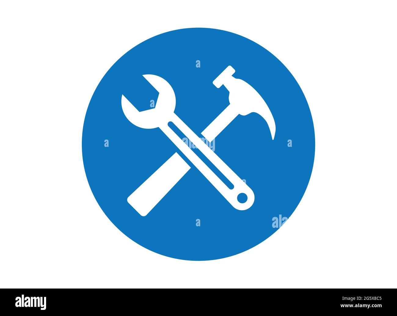 Schraubenschlüssel und Hammer blaues Knopfsymbol für mechanische Reparatur- und Wartungsvektordarstellung Stock Vektor