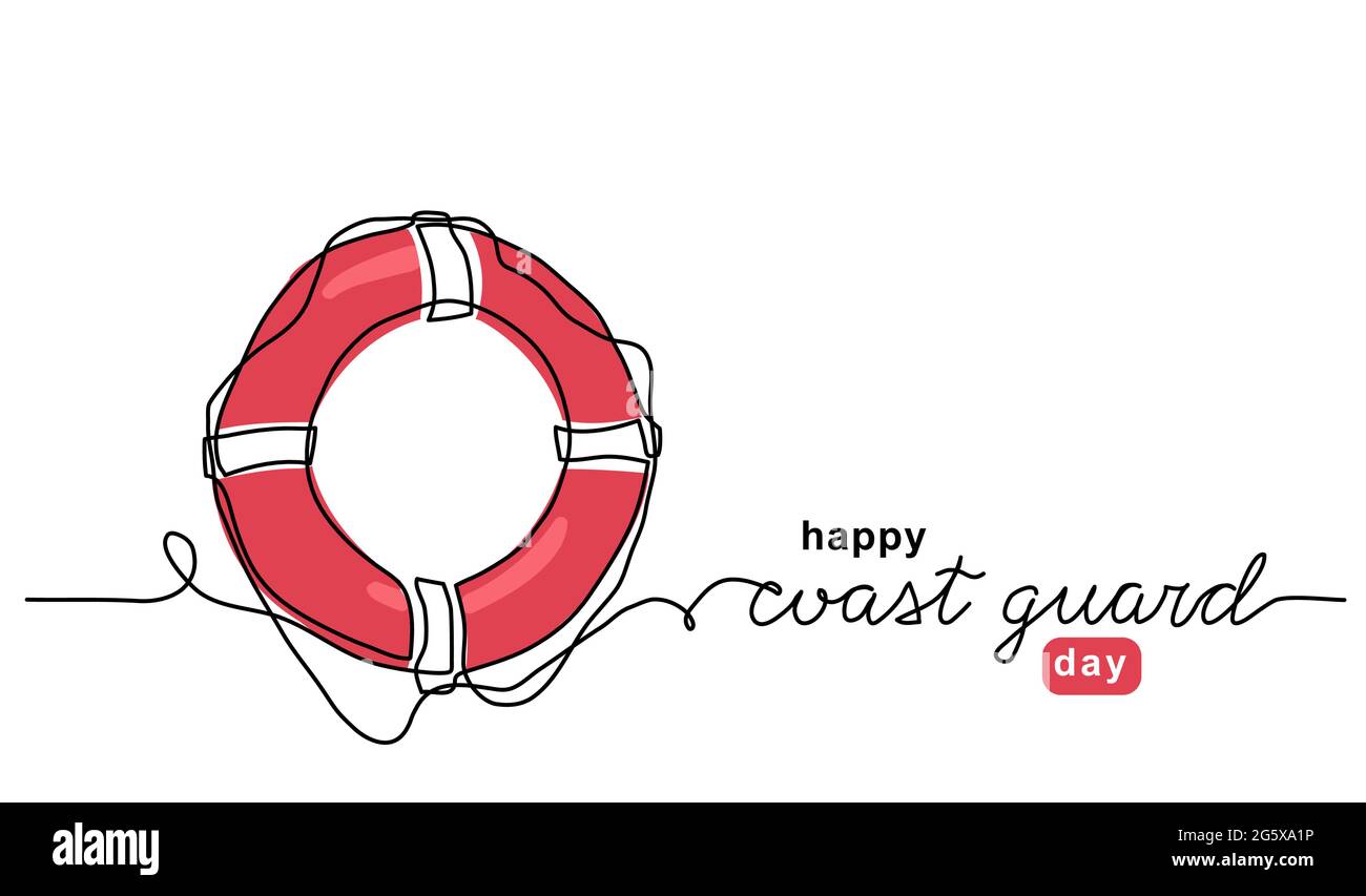 Rote Rettungsring eine Linie Kunst Illustration. Coast Guard Day Vektorhintergrund, Banner, Poster mit Schriftzug Coast Guard Stock Vektor